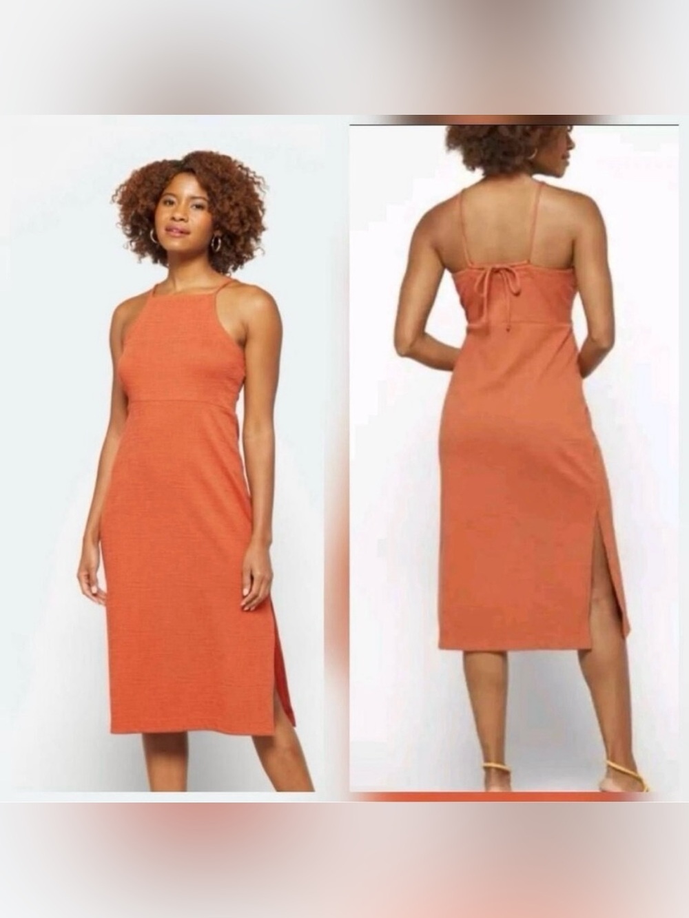 MADEWELL Crosshatch Apron Cami Halter Midi Leg Slit Dress Terra Cotta Size M